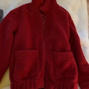 Red faux fur jacket